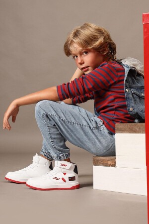 27834 Cırtlı Yüksek Bilekli Beyaz - Kırmızı Üniseks Çocuk Sneaker Günlük Spor Ayakkabı - 4