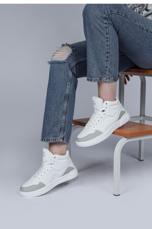 28746 Yüksek Bilekli Beyaz - Gri Kadın Sneaker Günlük Spor Ayakkabı - 2