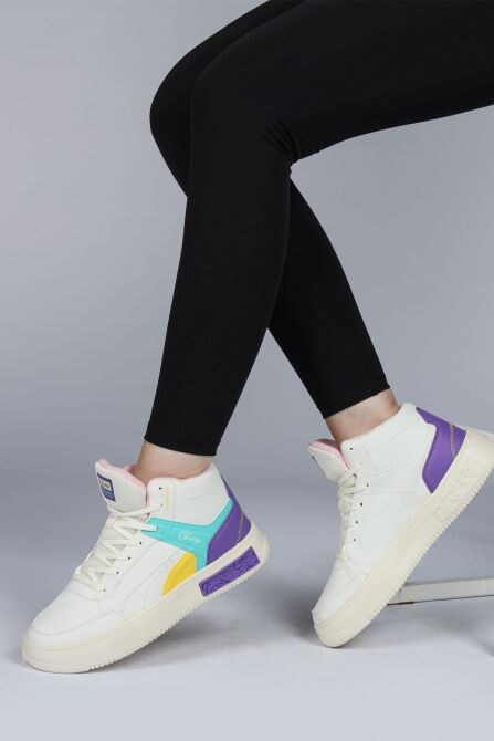 28756 Yüksek Bilekli Bej Kadın Sneaker Günlük Spor Ayakkabı - 2