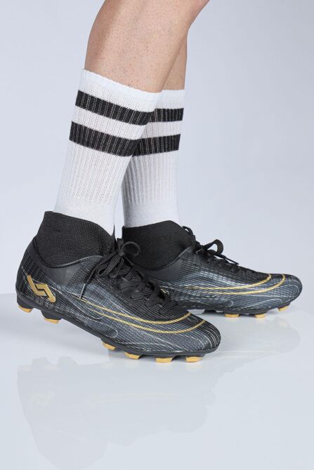 29676 Çoraplı Siyah - Altın Rengi Çim Halı Saha Krampon Futbol Ayakkabısı - 3